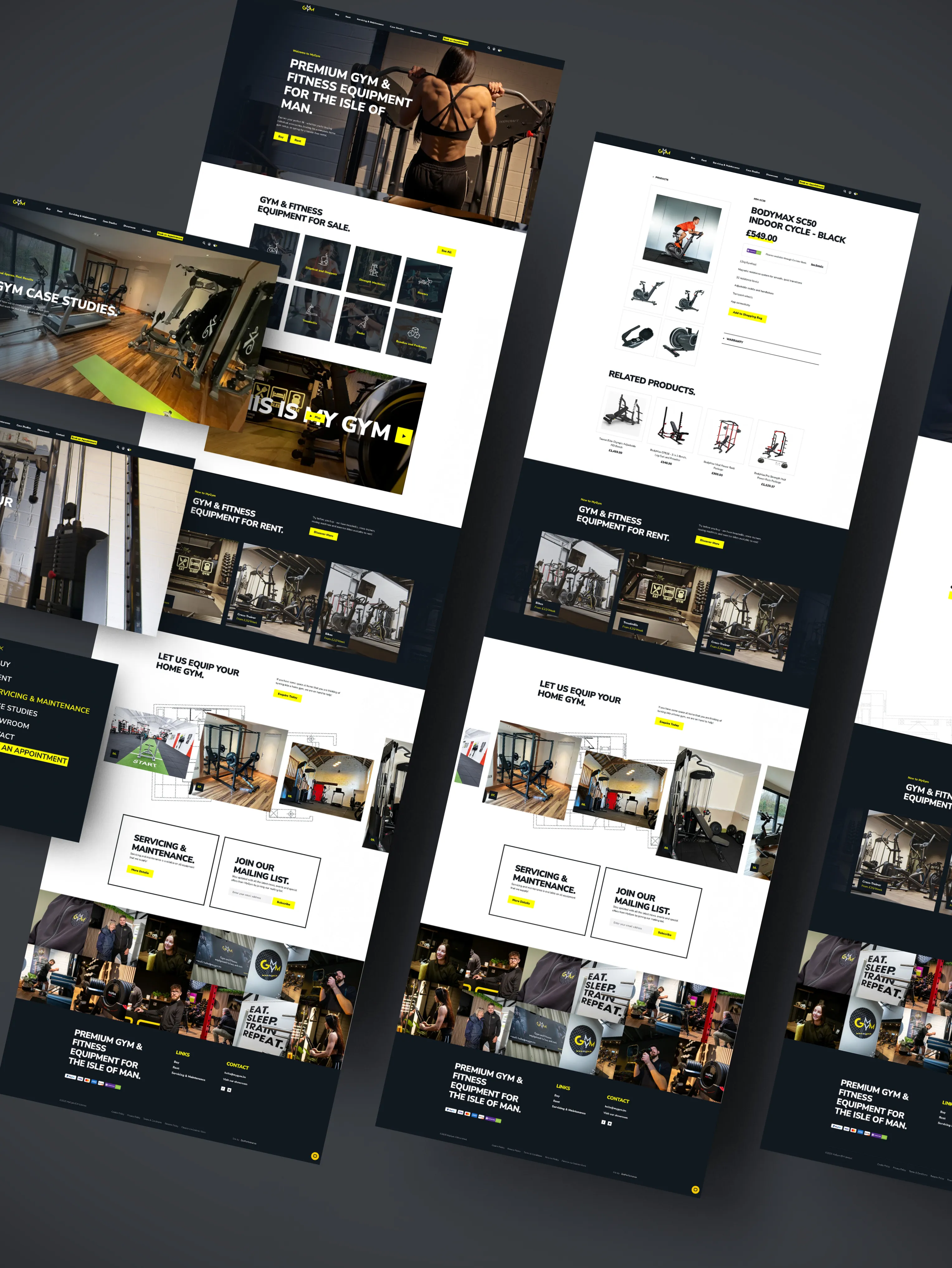 MyGym ecommerce website desktop layouts shown in a diagonal arrangement including homepage, product listings, gym case studies, equipment for rent, home gym builder, and servicing pages, designed by DotPerformance